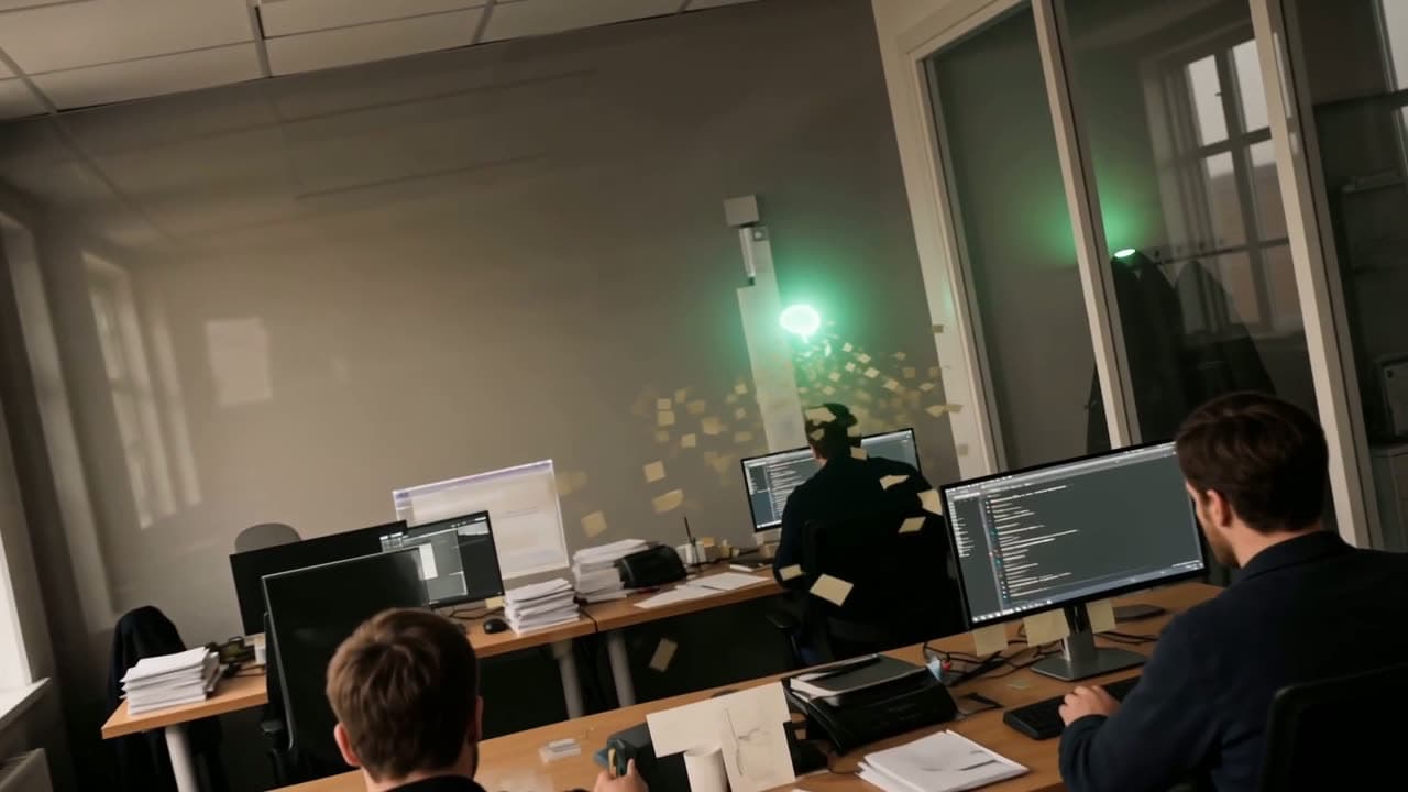 Kveldsarbeid foran flere skjermer og papirbunker